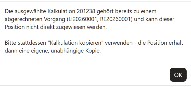 Meldung beim Versuch, eine fertige Kalkulation zu ändern